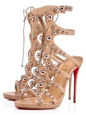 Christian Louboutin Amazoubille 120 Nude Beige Lace Up Tie Sandal Heel Pump 35